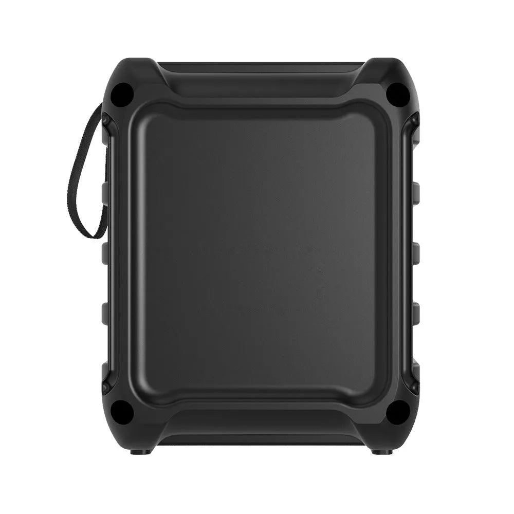 Blue portable Bluetooth speaker with FM radio function showing compact dimensions