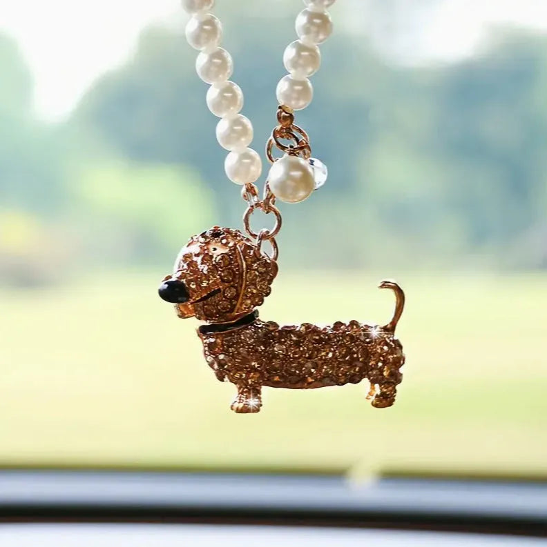 Dachshund car rearview mirror pendant in alloy, hanging car interior ornament in champagne, grey or black