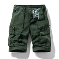 Men's army green cotton shorts with zipper fly and multiple pockets, laid flat.