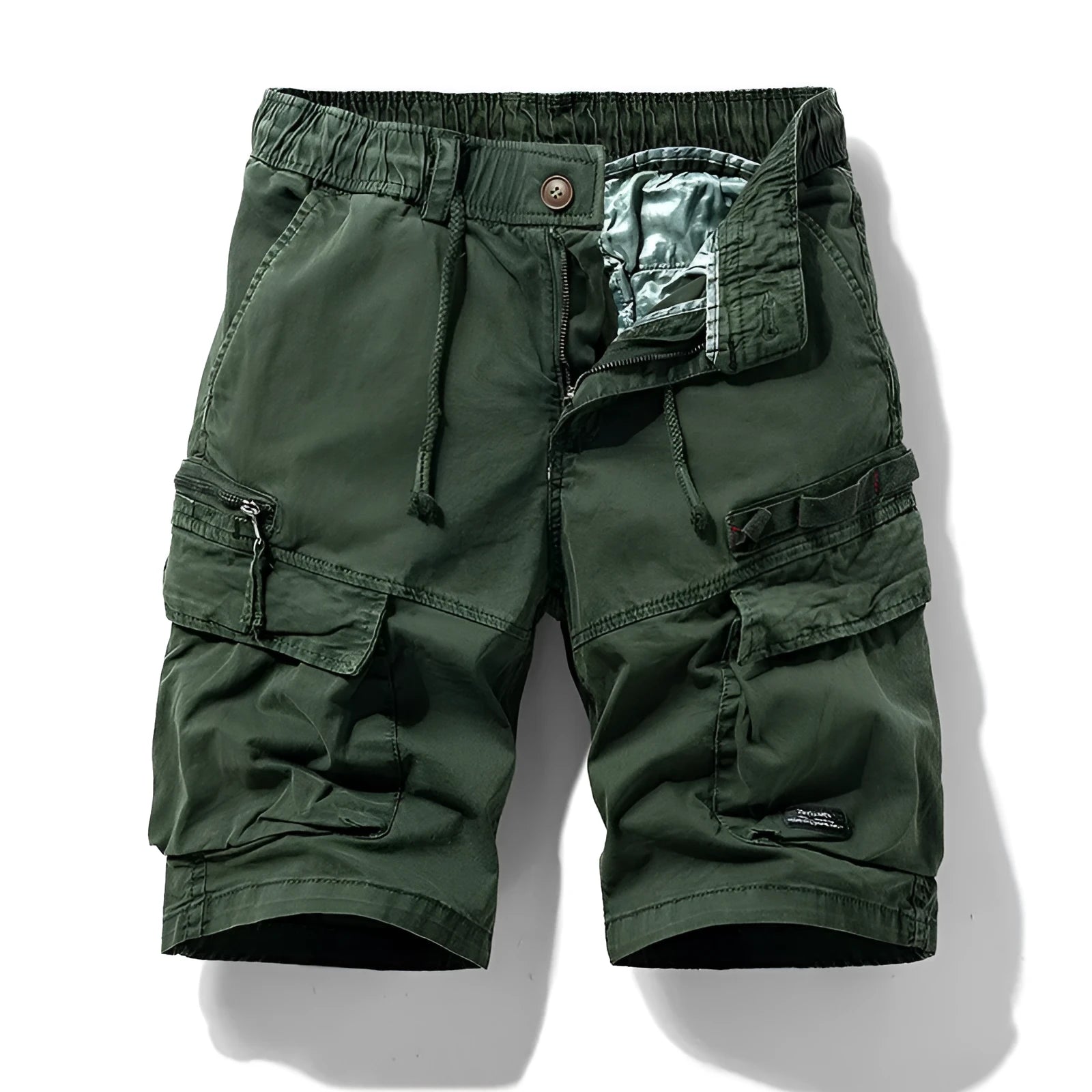 Men's army green cotton shorts with zipper fly and multiple pockets, laid flat.