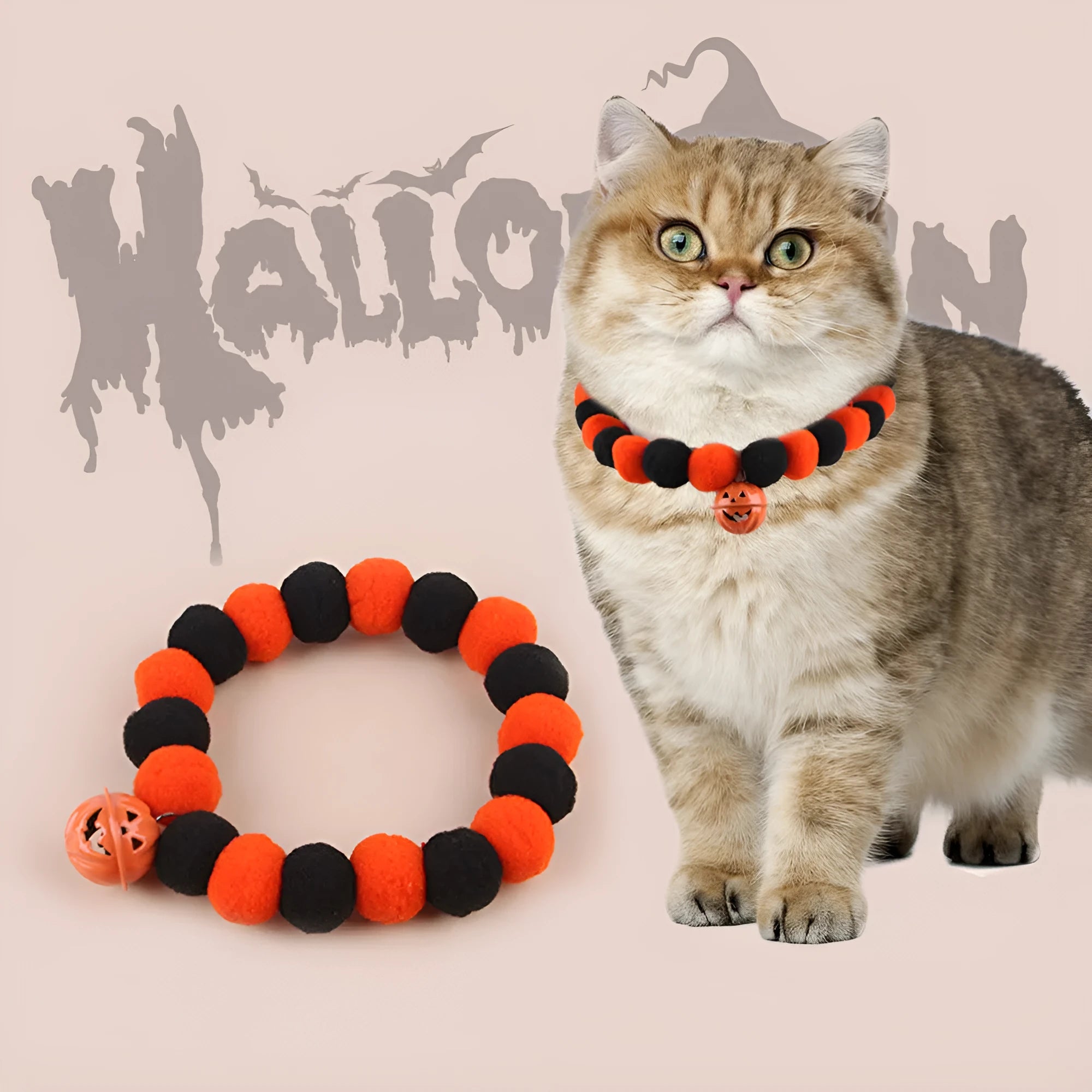 Orange halloween pumpkin cat collar with adjustable buckle and breakaway safety clasp