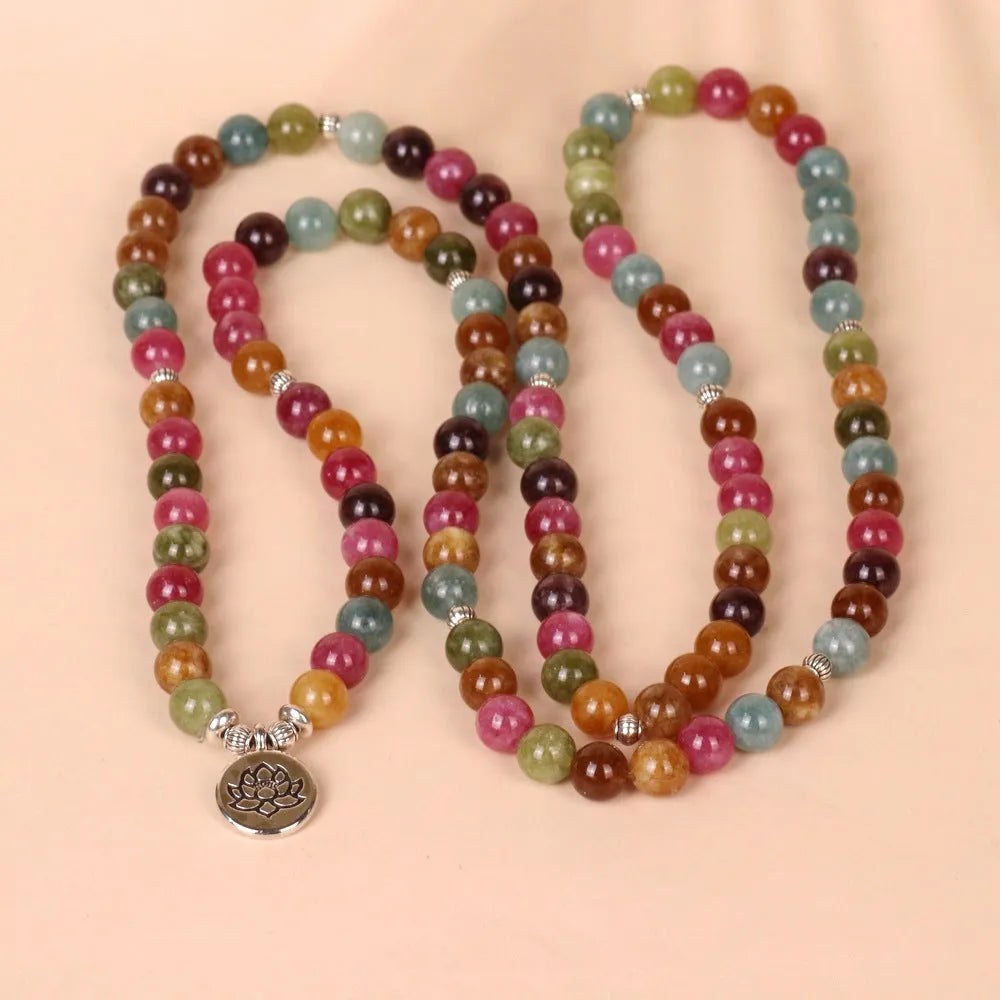 108 bead alloy bracelet in tourmaline colour with multi-layer lotus string design