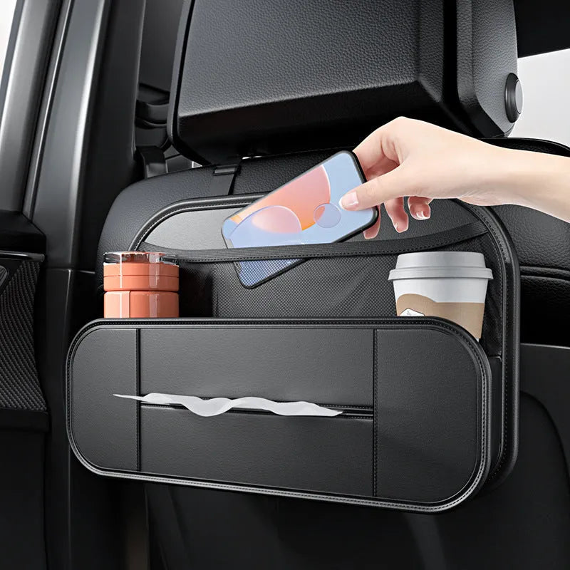 Black leather car seat rear storage bag organiser with 36x8x24cm dimensions