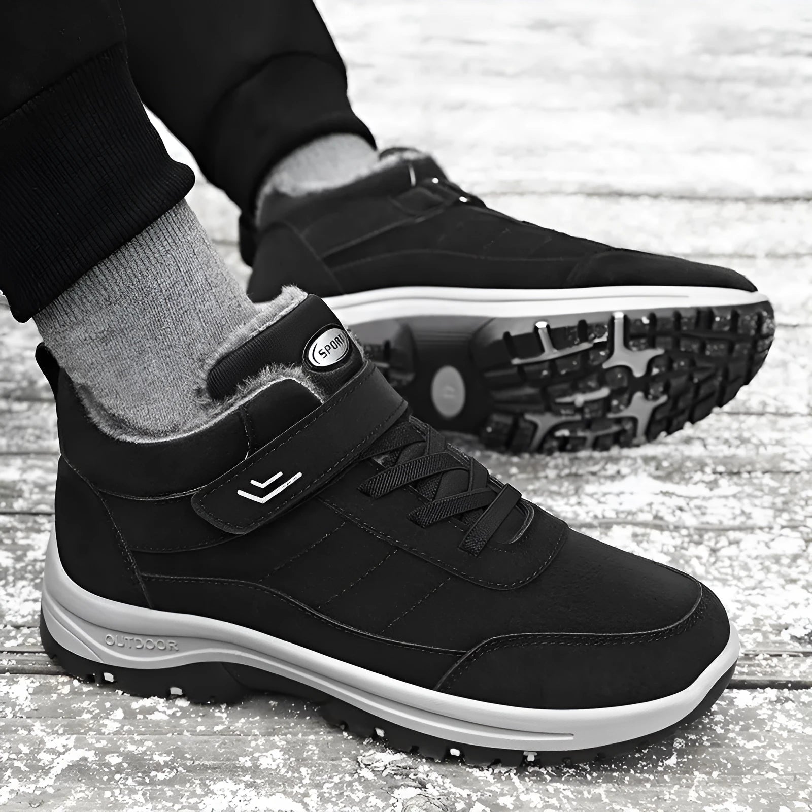 High-top outdoor snow boots with thick PVC sole, artificial PU upper, and stitching details, available in multiple colours
