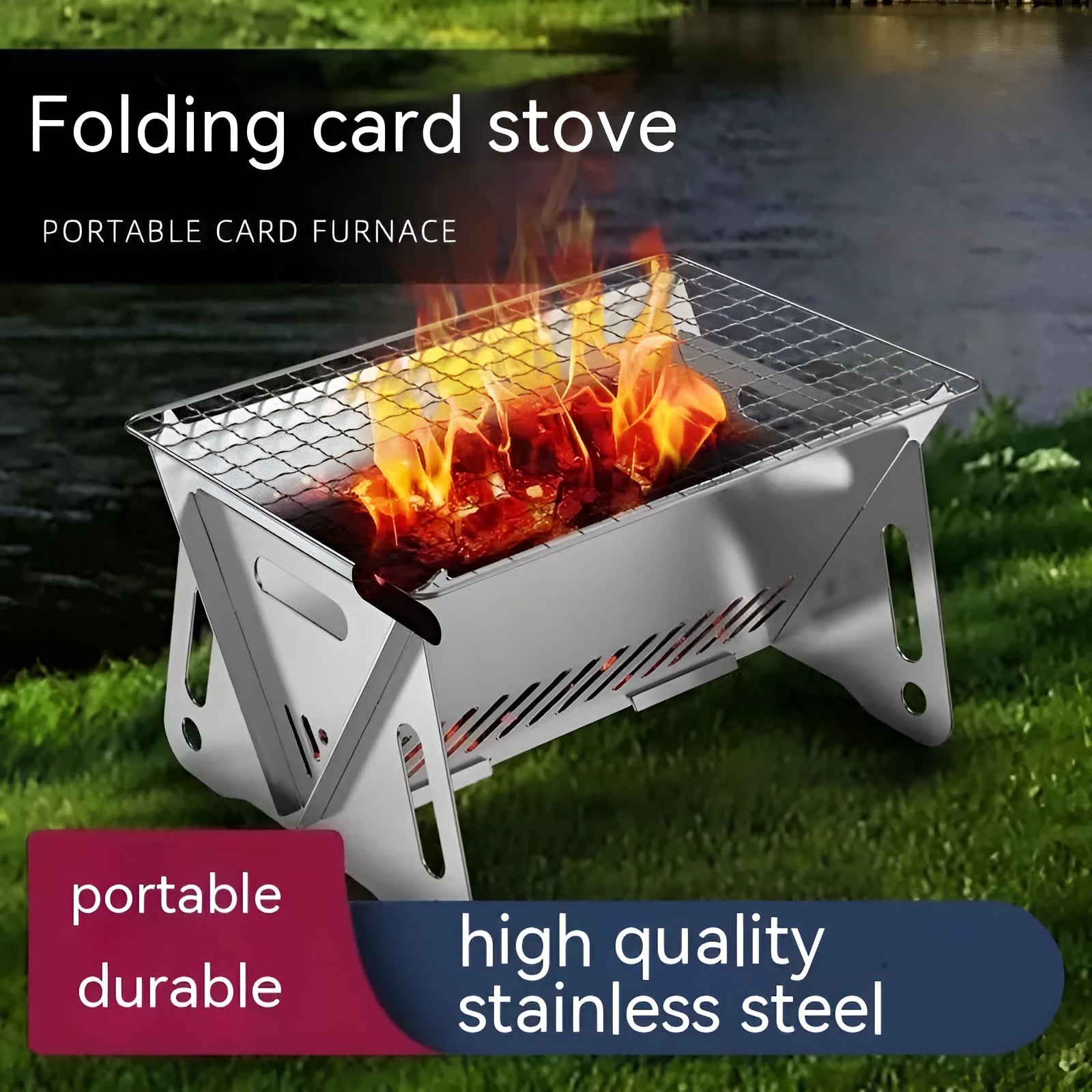 Folding stainless steel barbecue oven with charcoal grill for outdoor cooking