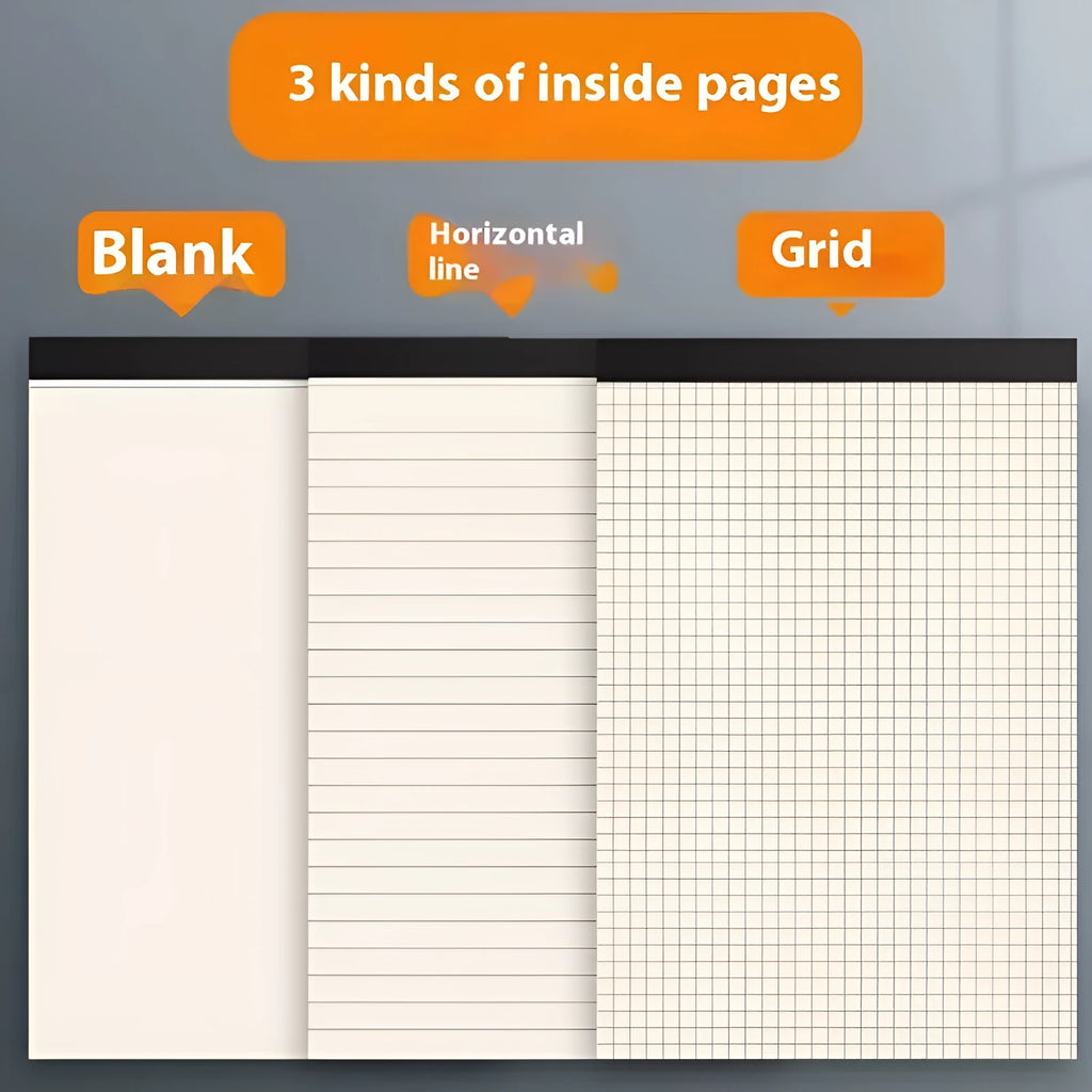 A5, B5 and A4 tearable writing pads showing grid, lined and blank page options