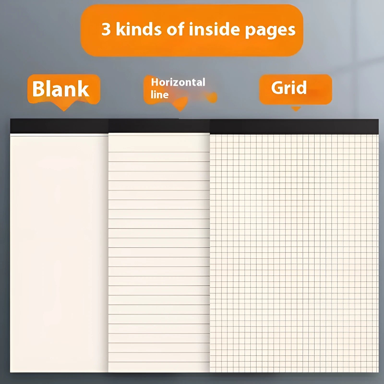 A5, B5 and A4 tearable writing pads showing grid, lined and blank page options