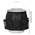 Black cylindrical buggy storage bag hanging from a 5 gallon barrel with car washing tools inside