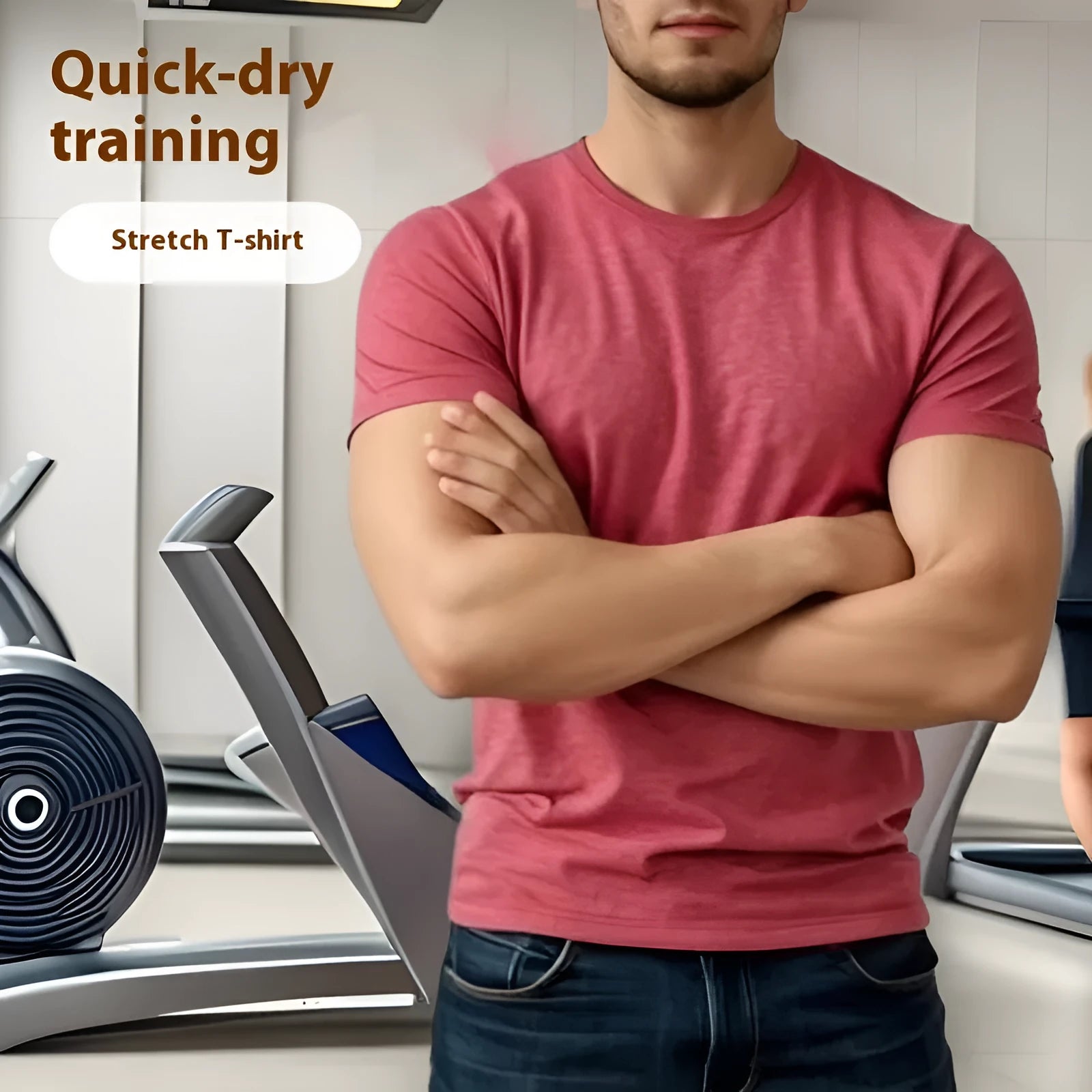 Men's black quick-drying stretch polyester short sleeve T-shirt on a hanger.