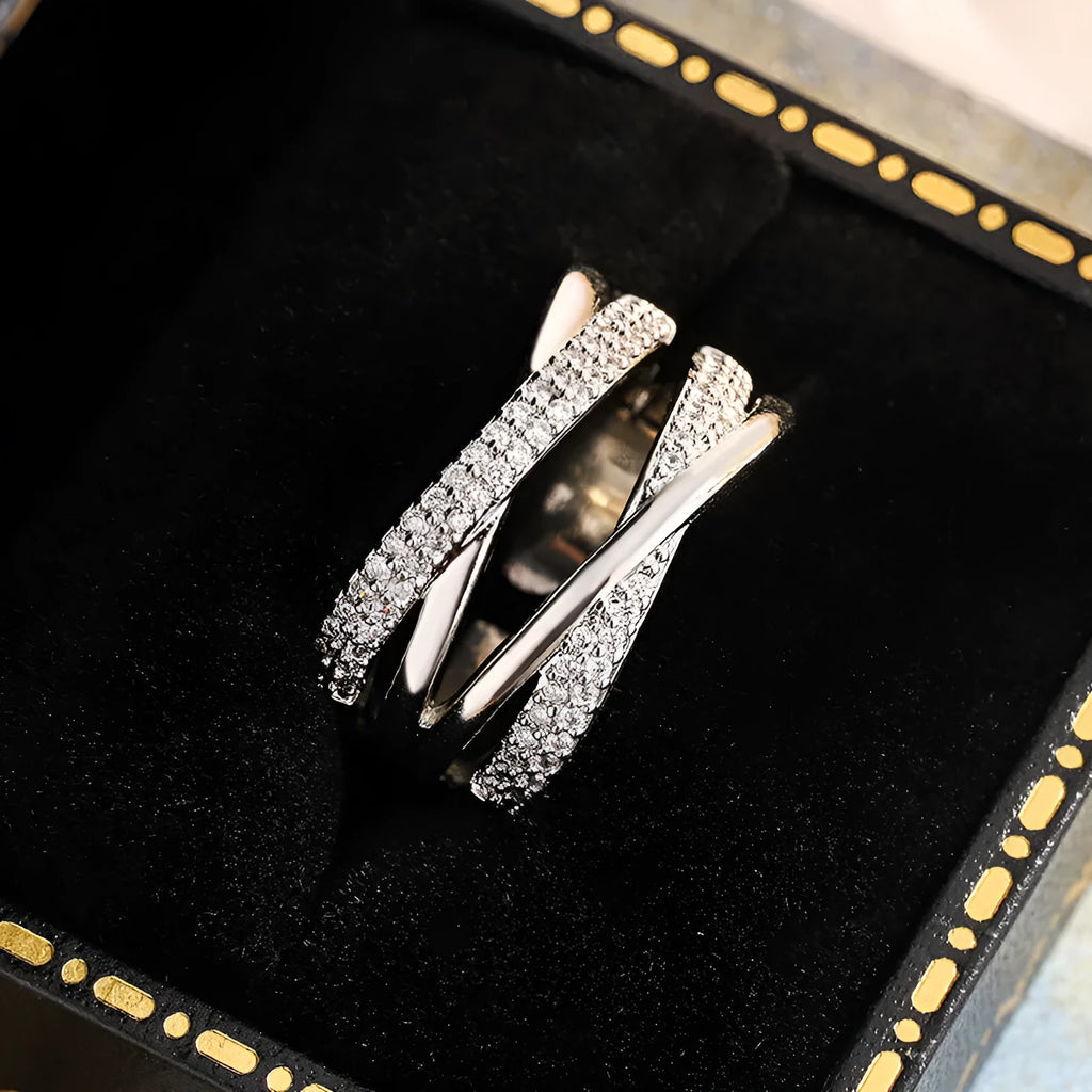 Double-layer X-shaped adjustable open ring for women in copper zirconia with starry sky motif, KYRA01781 colour