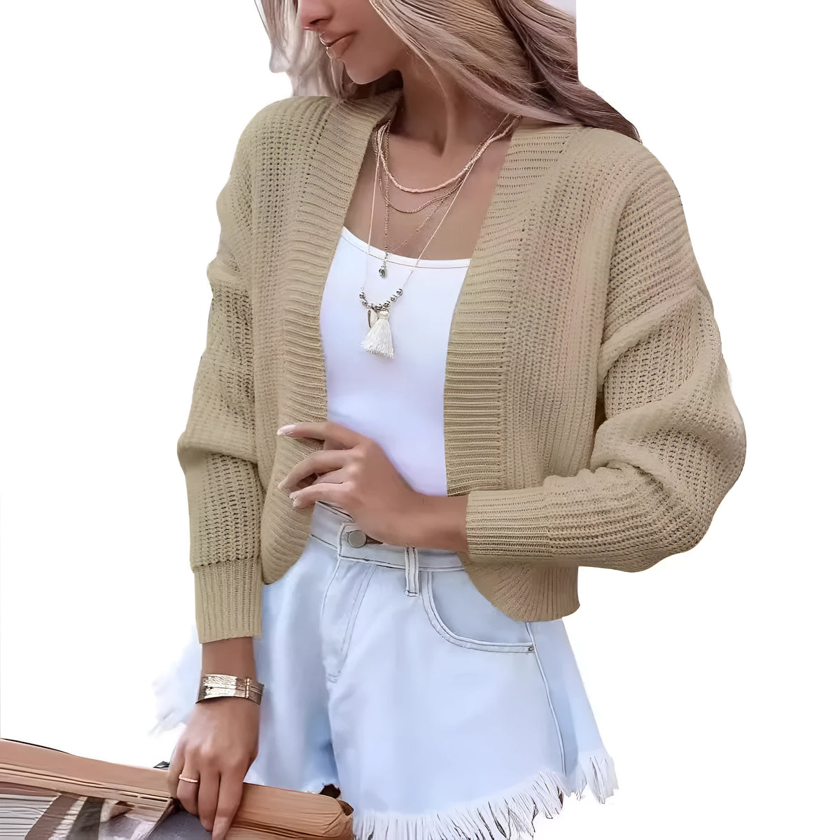 Women's short cape knitted cardigan sweater, long sleeve polyester, solid colour, sizes S to 3XL