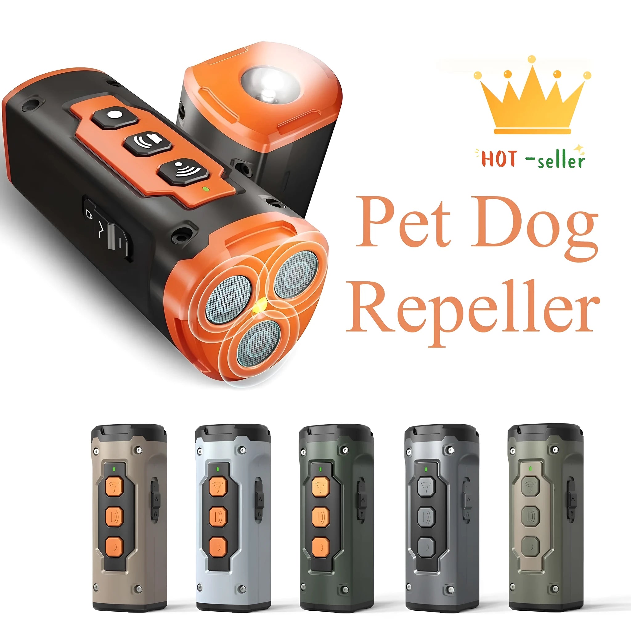 Dog Drive Ultrasonic three-head bark deterrent with LED flashlight in orange plastic case