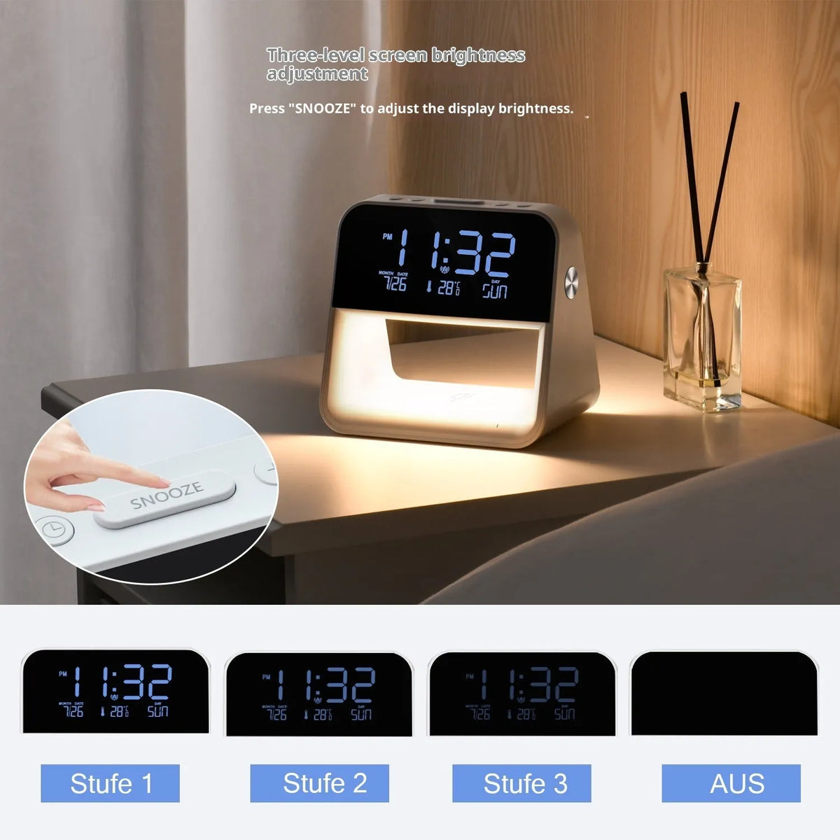 White multifunctional bedside lamp with wireless charger and alarm clock on a nightstand, 15.1x10.6x14.5cm