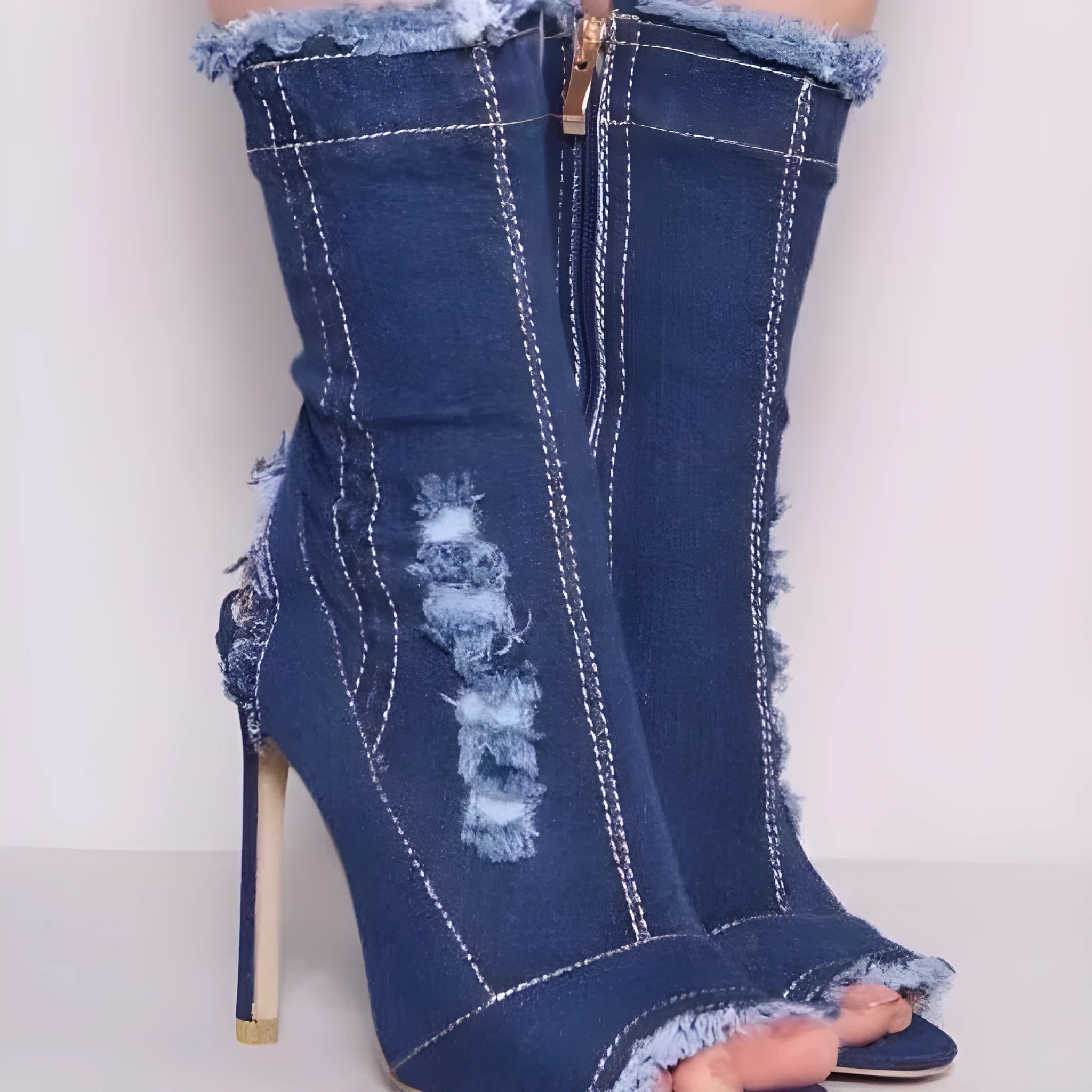 Fashion Runway peep toe denim ankle boots with PU upper, stiletto heel above 8cm, in style 1