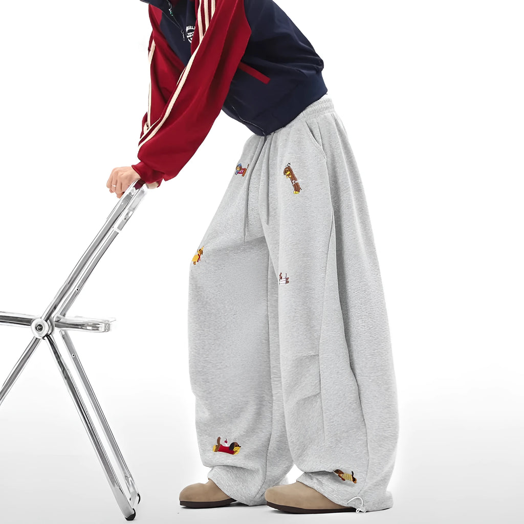 Lazy sausage dog embroidered machete sweatpants in gray, loose fit polyester men's trousers, autumn casual
