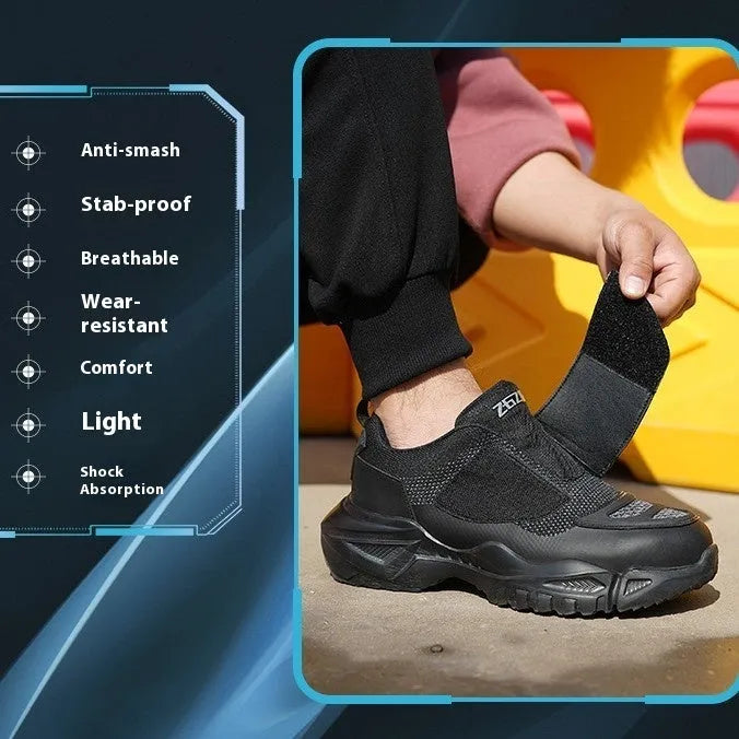 Black steel toe anti-puncture safety work boots with felt buckle and woven fabric upper.