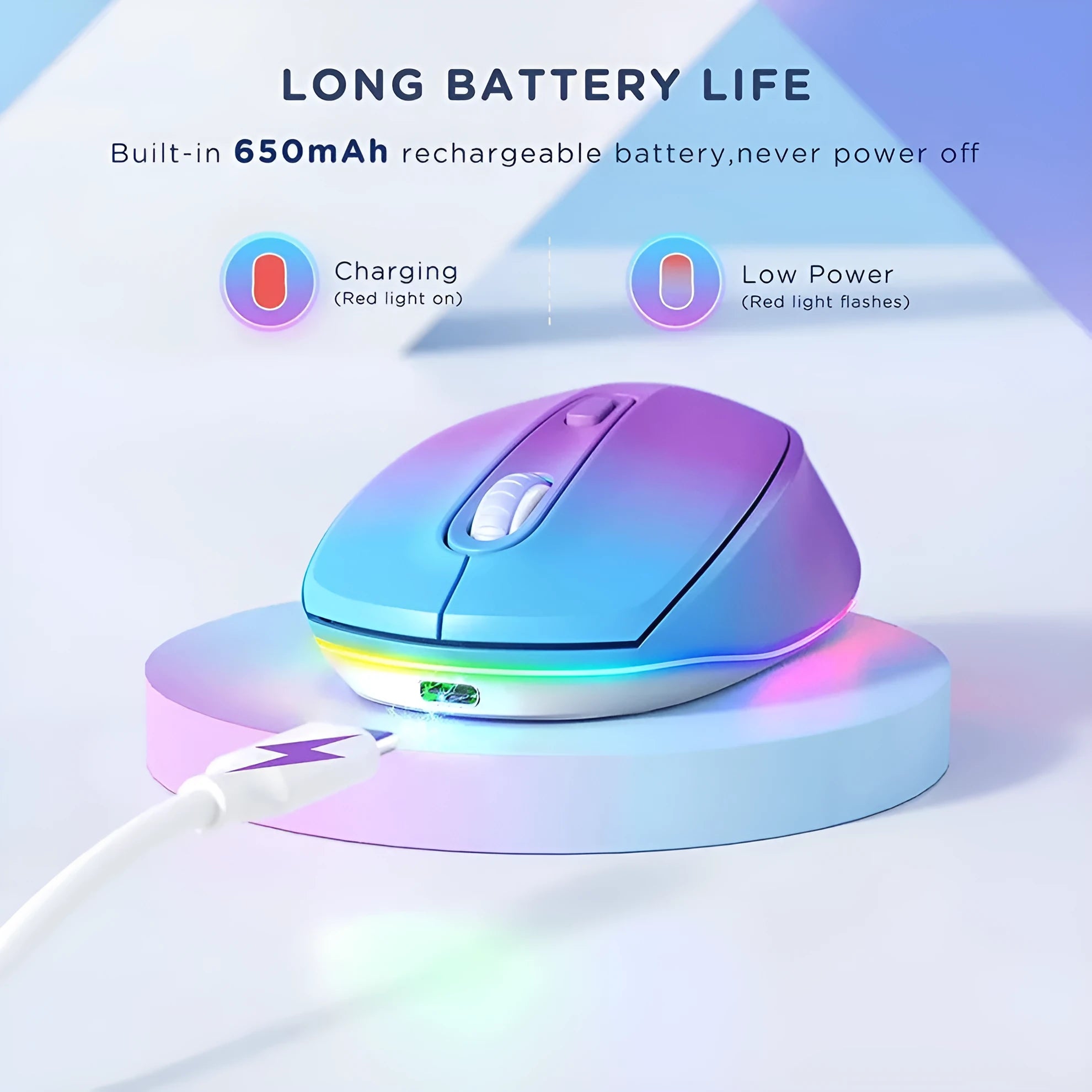 24g wireless rechargeable ergonomic mouse in colour CP008557 next to its USB charging cable