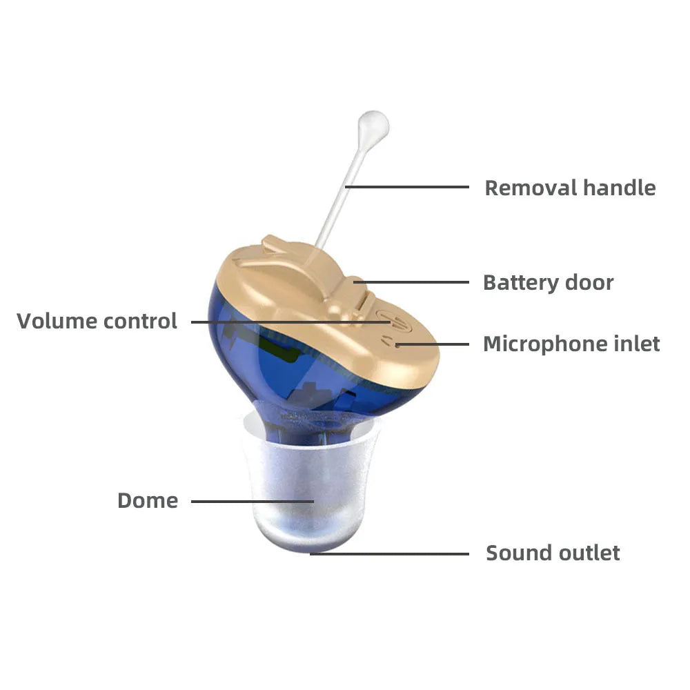 Q10 wireless mini invisible hearing aid in red and blue plastic casing