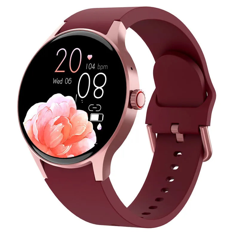 Black Bluetooth smart sport watch with round touch screen on a wrist, showing IP68 waterproof rating and magnetic charger.
