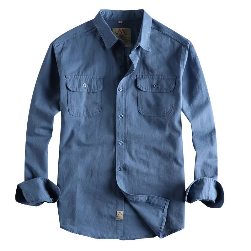 Men's light blue cotton long sleeve cardigan style shirt on hanger