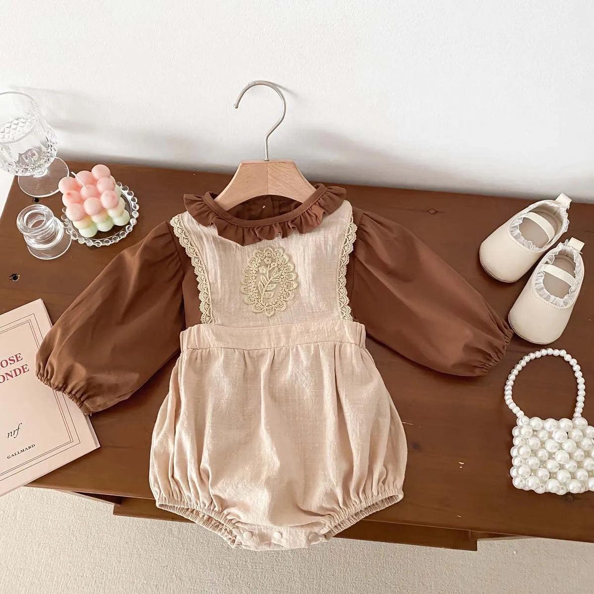 Korean style baby autumn set with brown long sleeve shirt and apricot sleeveless suspender romper, sizes 66cm to 90cm