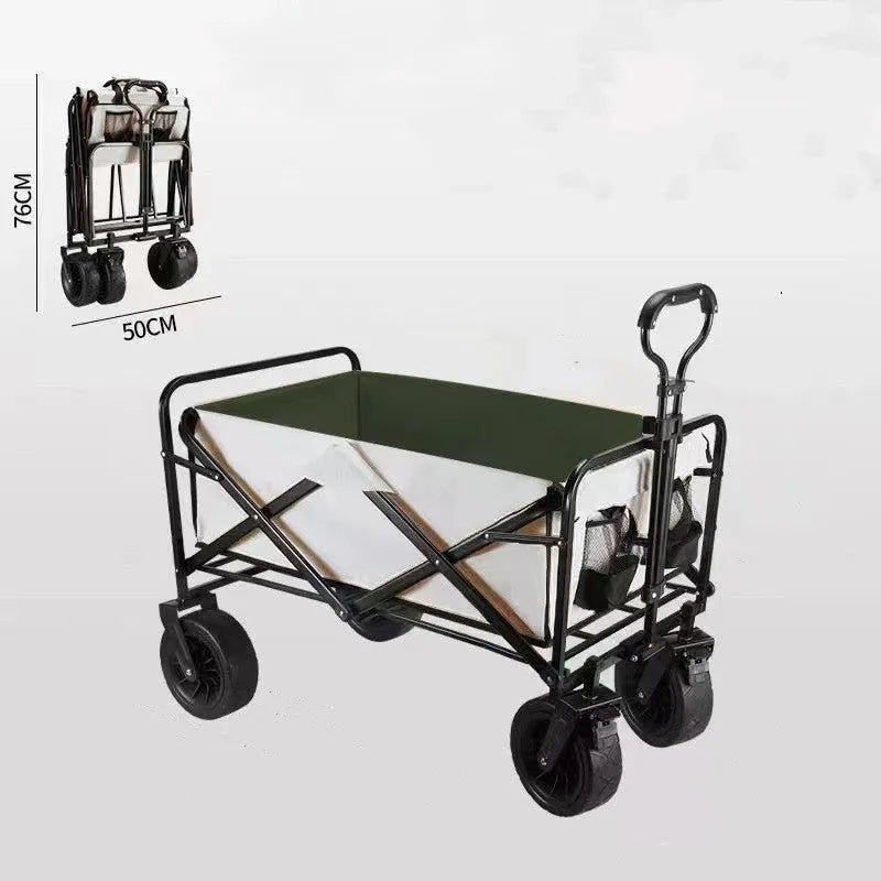 Portable folding cart outdoor picnic camping gathering trolley in khaki with table plate and metal frame