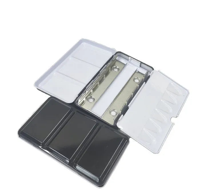 Solid watercolour tinplate folding paint box shown in square design, available in three sizes.