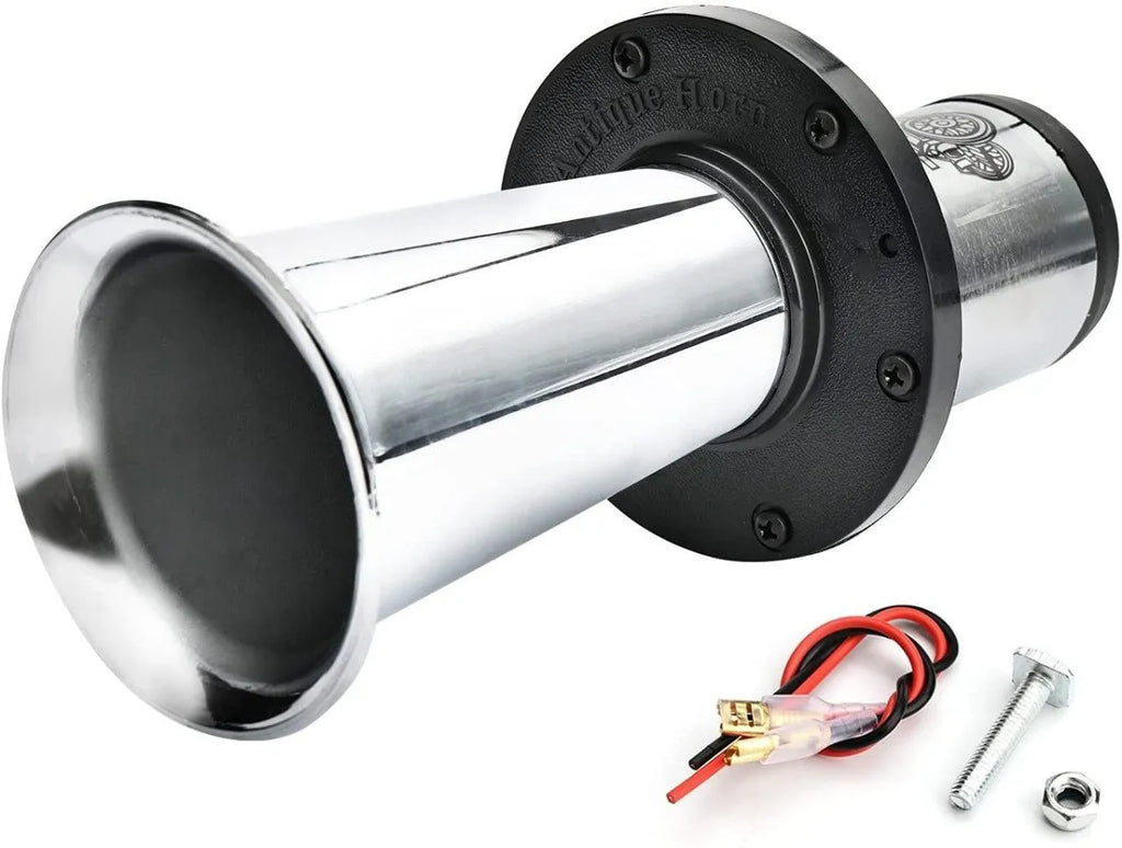 12v black automotive horn with silver housing for universal vehicle replacement