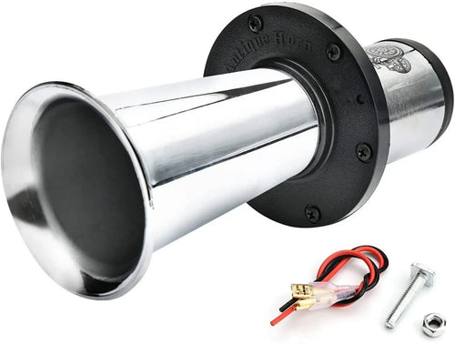 12v black automotive horn with silver housing for universal vehicle replacement