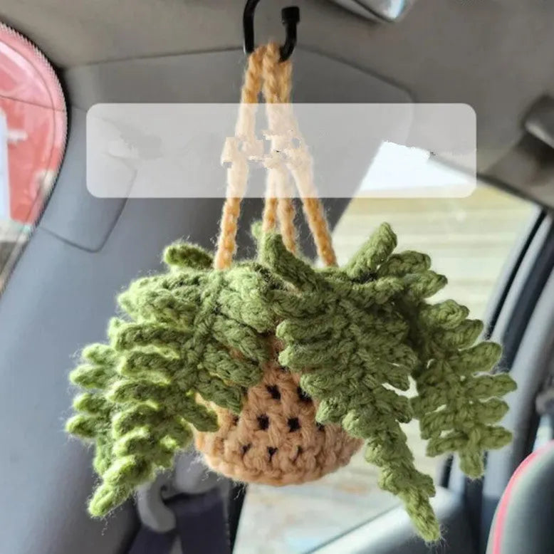 Knitted wool car plant decoration with green and white pattern, 8cm basin and hanging cord