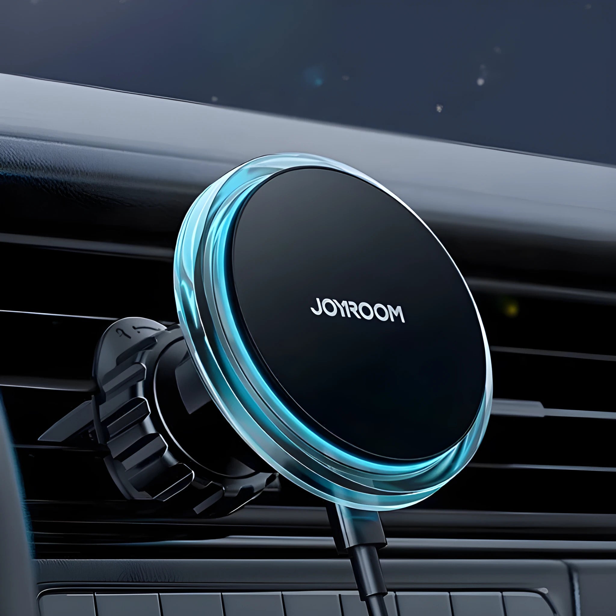 Black magnetic wireless car charger mounted on car air vent with phone attached