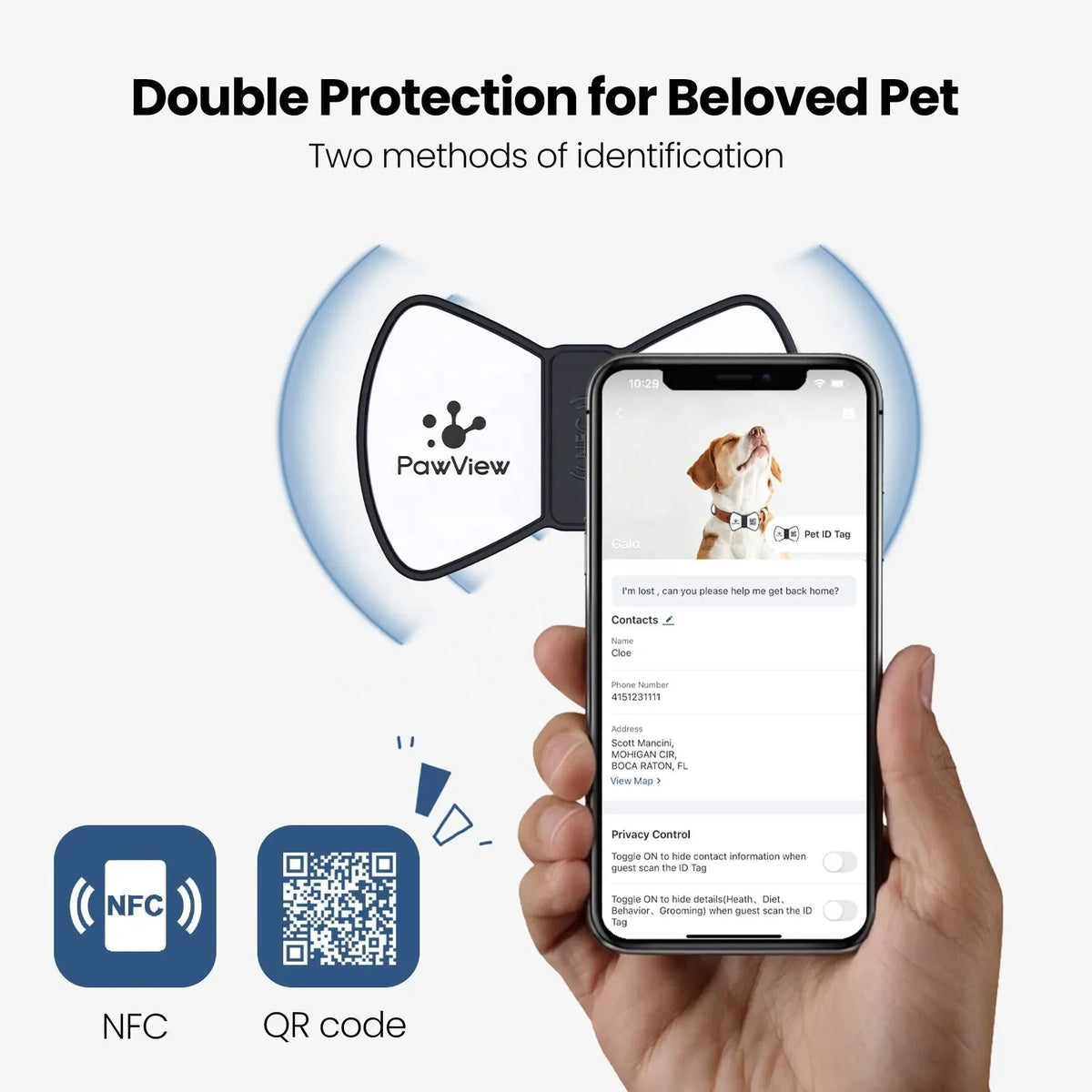 NFC smart QR pet tag in black silicone with printed bowknot pattern, attached to a matching collar on a light background