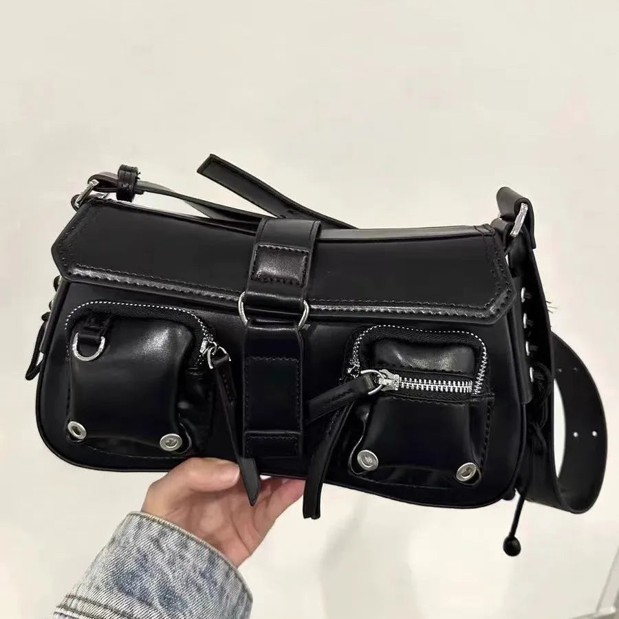 Black women's PU leather baguette messenger bag with a long shoulder strap