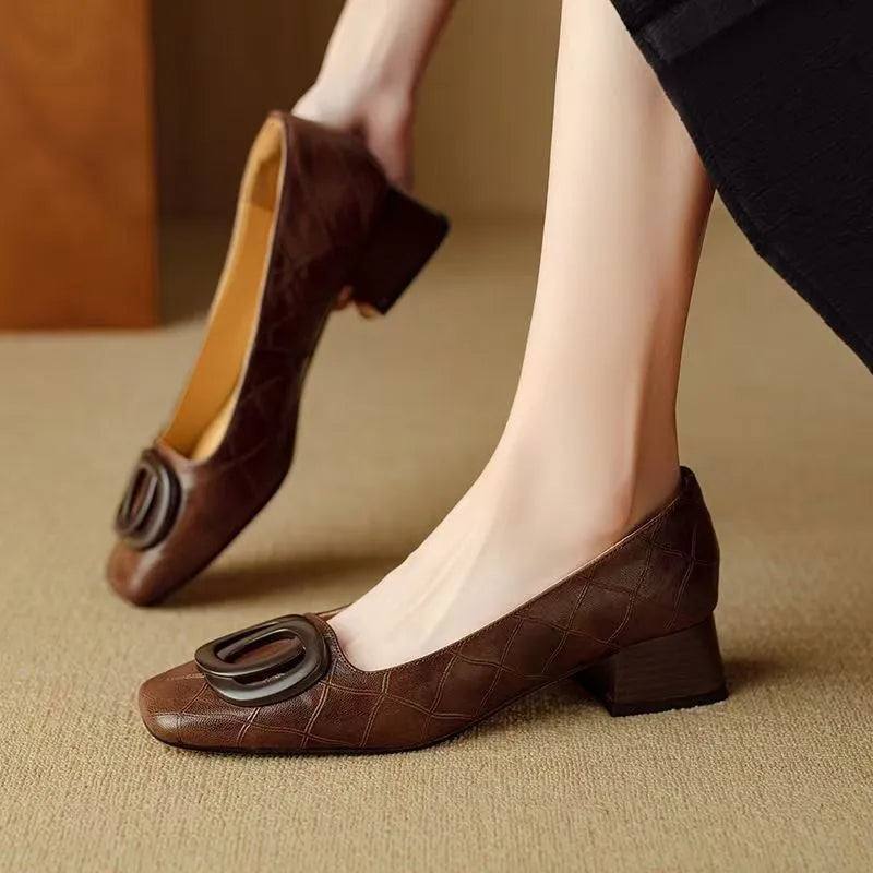 Women's microfiber pumps chunky heel buckle detail light brown square toe shallow mouth