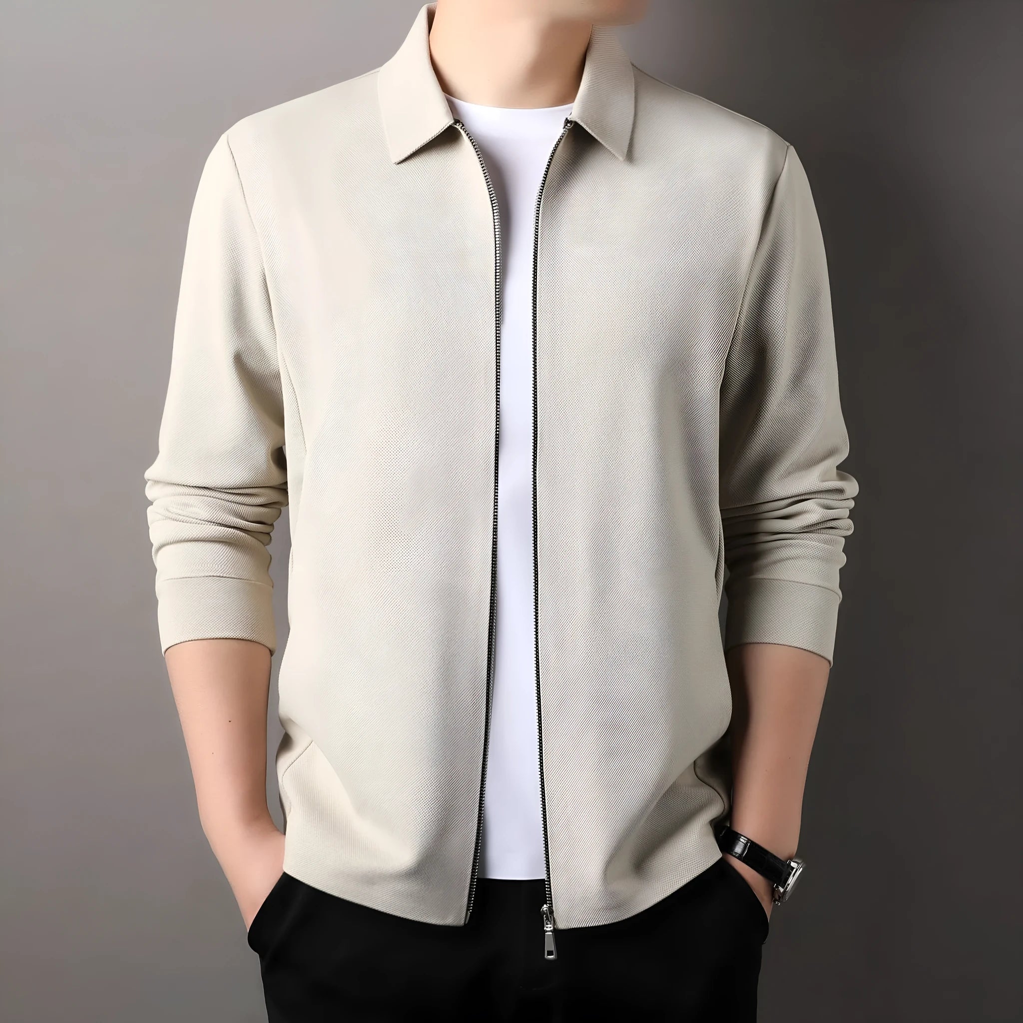 Men's black polyester casual business jacket with long sleeves on a hanger.