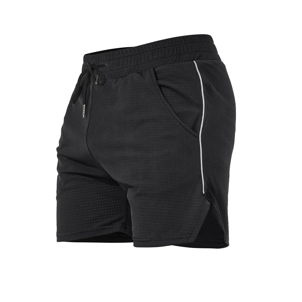 Men's straight cut polyester sports shorts in black, shown on a model, available in sizes M L XL 2XL 3XL
