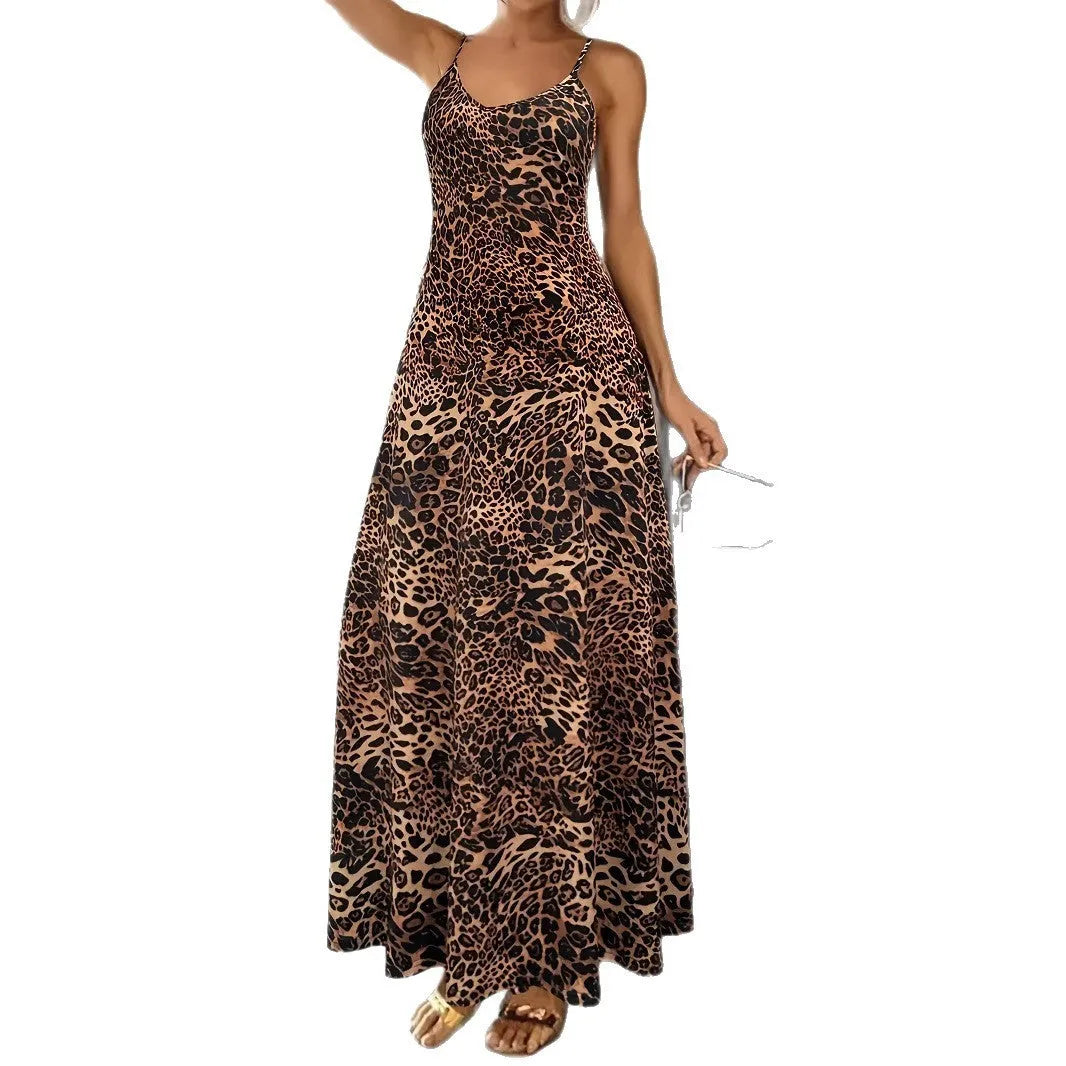 Dark brown leopard print hip skirt dress with sleeveless round neck and shoulder straps