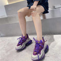 Women's leather sports shoes with a thick clear jelly sole and cross-tie laces in five colour options.