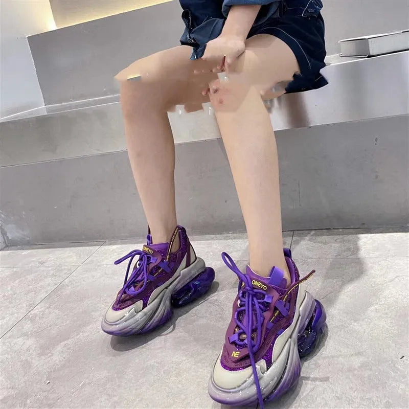 Women's leather sports shoes with a thick clear jelly sole and cross-tie laces in five colour options.