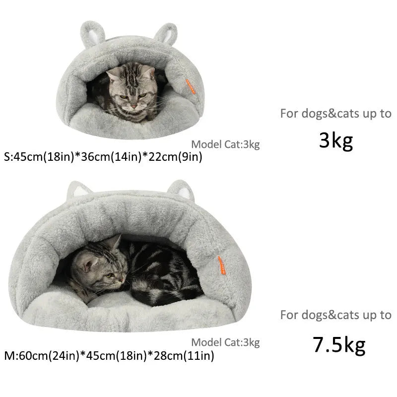 Soft pet cave bed for cats and small dogs in beige, blue or grey, sizes M 60x48x28cm and S 45x36x22cm