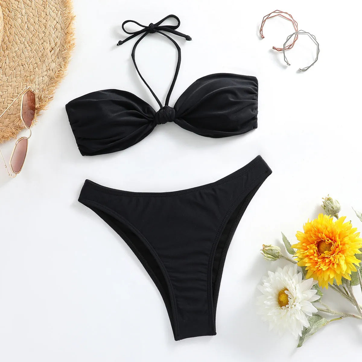 Black women's bikini set with lace-up tube top and briefs bottoms