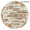 25 waterproof PVC decorative stickers with torn English text design in sizes from 4cm to 7cm