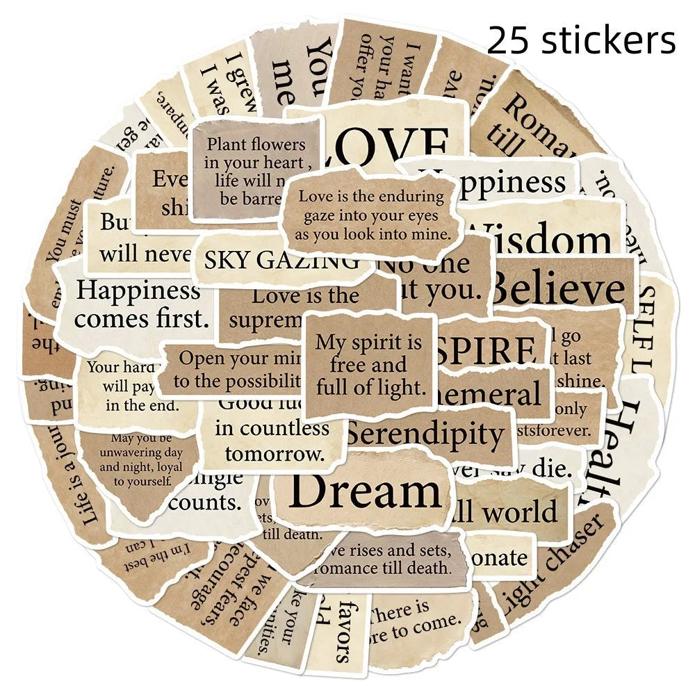 25 waterproof PVC decorative stickers with torn English text design in sizes from 4cm to 7cm
