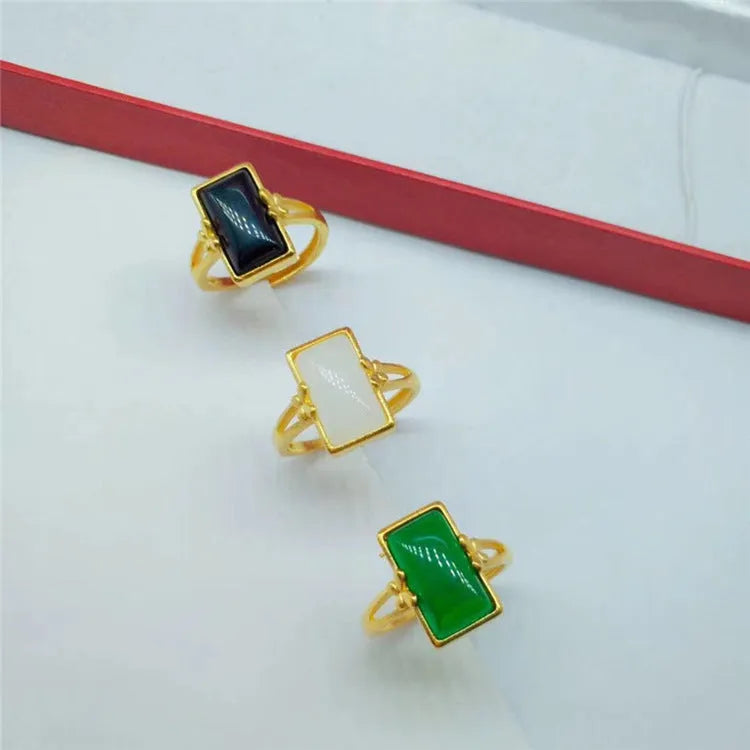 Adjustable brass gold-plated live ring with inlaid gemstone in national style design