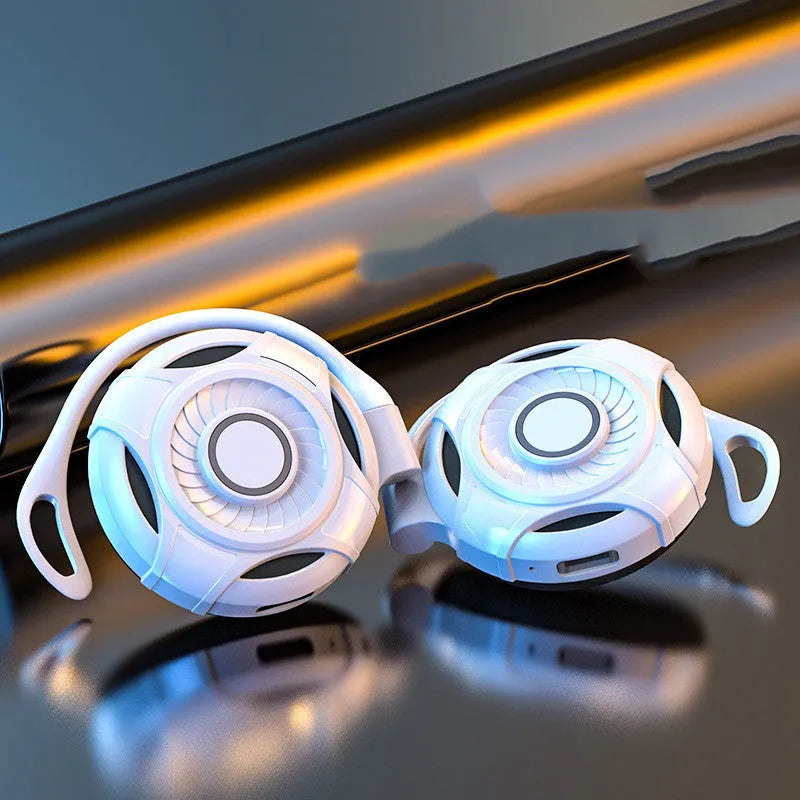 Black and white Bluetooth gaming earphones with over-ear hanging design and 10m wireless range
