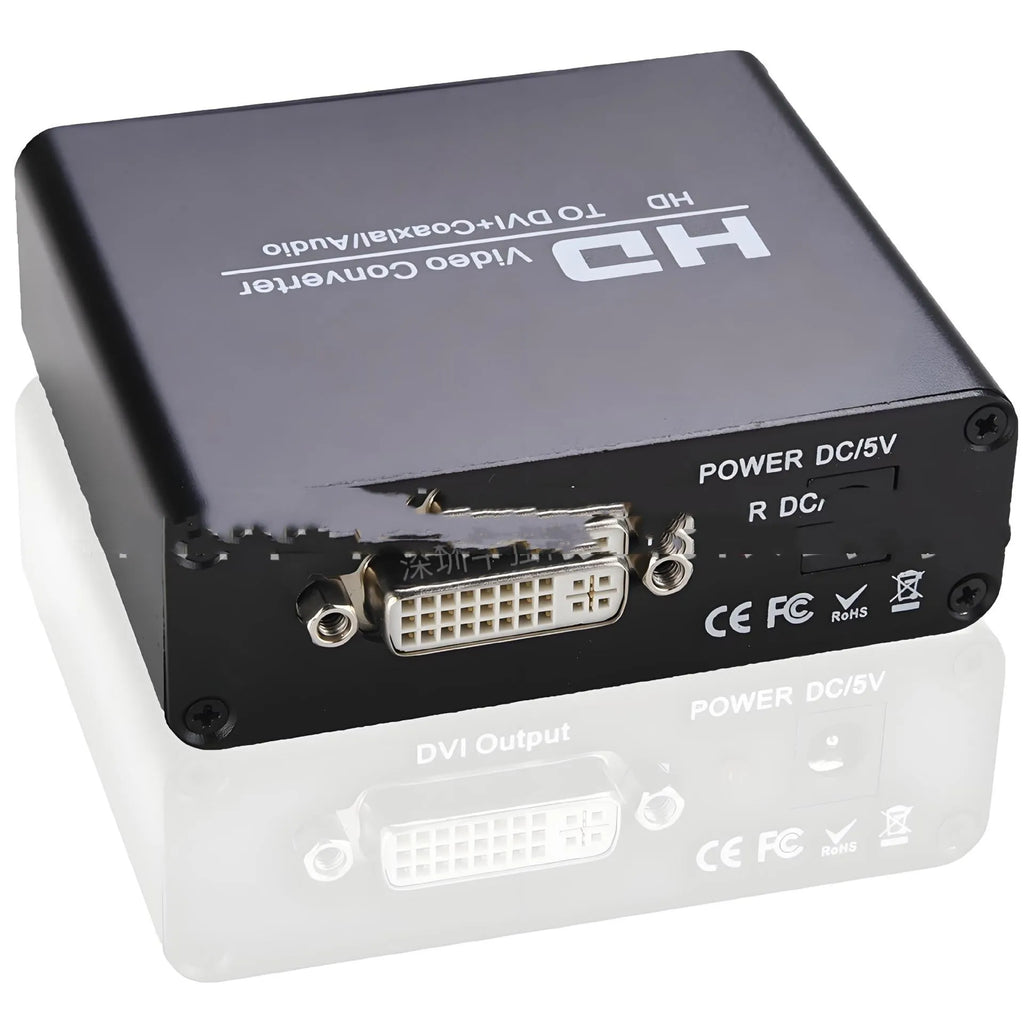 Black HDMI to DVI converter with 3.5mm audio output port and 1.5 metre cable