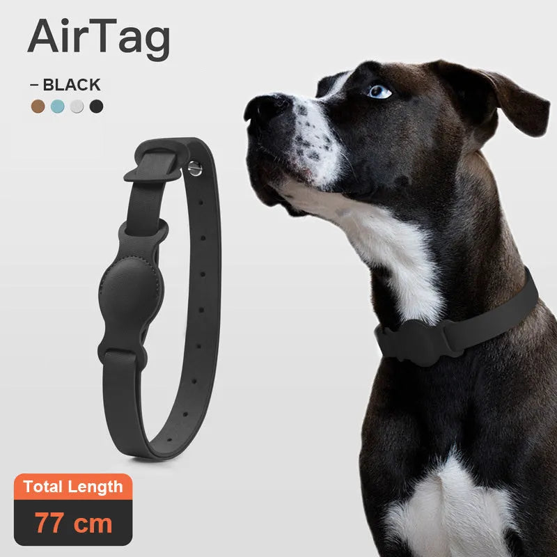Leather pet collar case for AirTag, adjustable 40-77cm, fog blue colour, on a light background