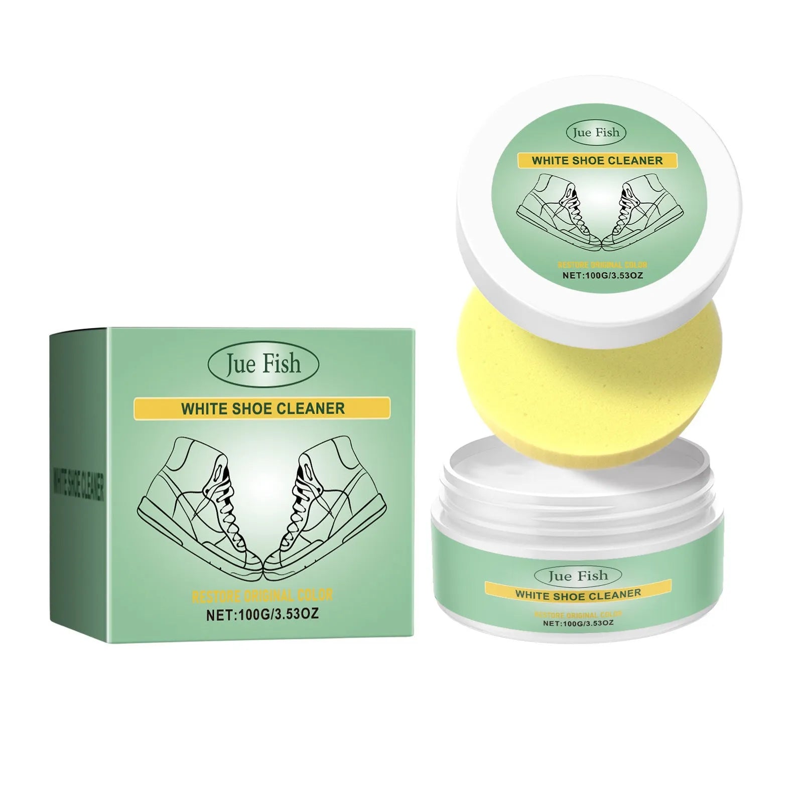 White shoe cleaning cream in a 100g tub with a sponge for portable stain removal