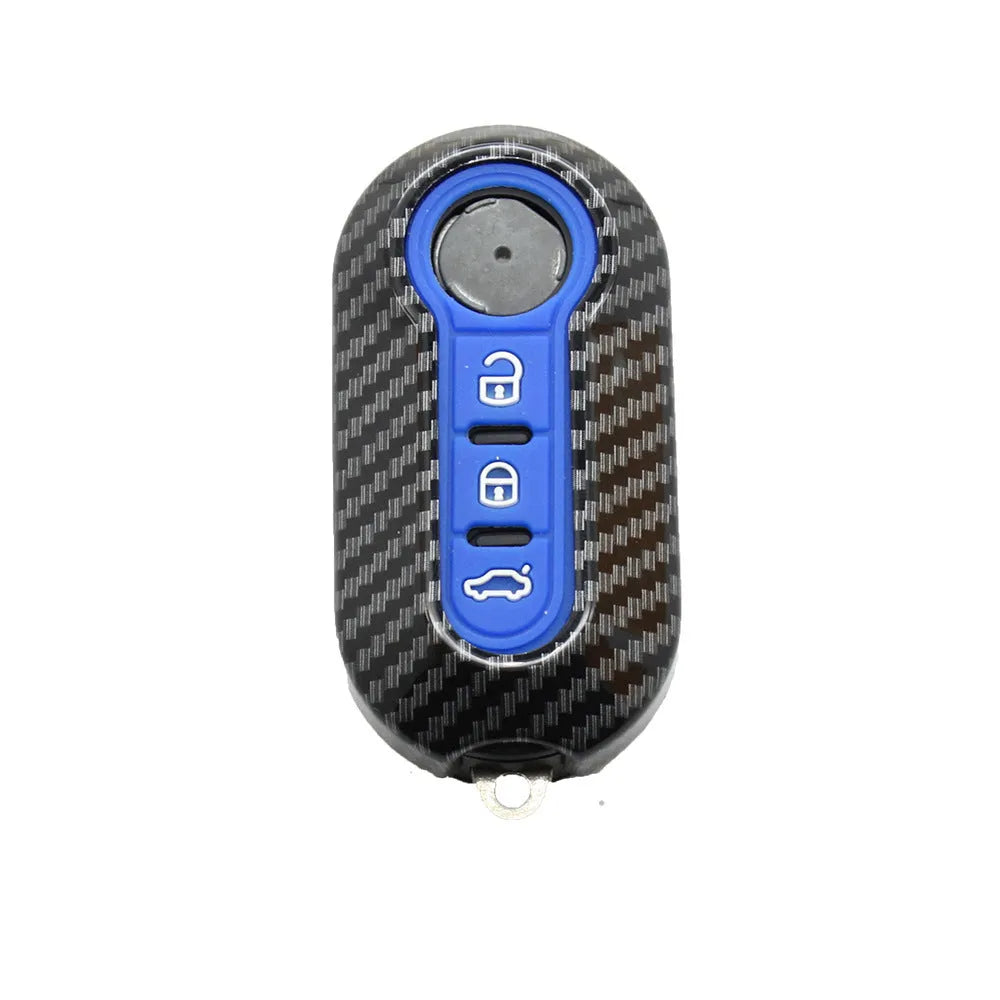Fiat 500 FYT model car remote key replacement shell in ABS plastic, shown in black, red, and dark blue colour options.