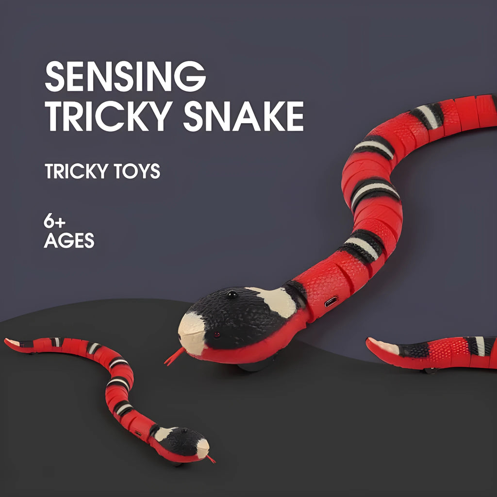 Interactive electric induction snake cat toy with S-shaped body, flashing eyes, and retractable tongue on a floor